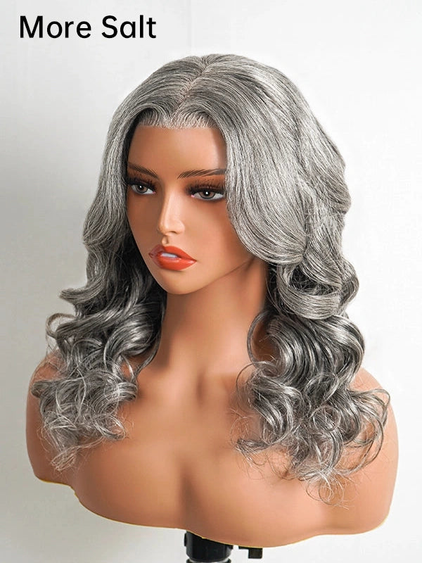 Luvwin 5x5 Salt & Pepper Body Wave Glueless Bob Wig, soft realistic waves, natural gray highlights, glueless lace front, beginner-friendly human hair wig for Black women