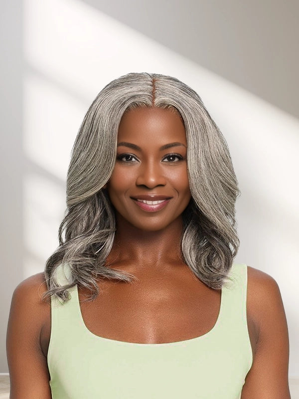 African American woman wearing Luvwin 13x4 Salt & Pepper Casual Wave Glueless Bob Wig, soft casual waves, realistic gray highlights, 100% human hair, beginner-friendly and easy-to-style wig for everyday, work, or casual occasions
