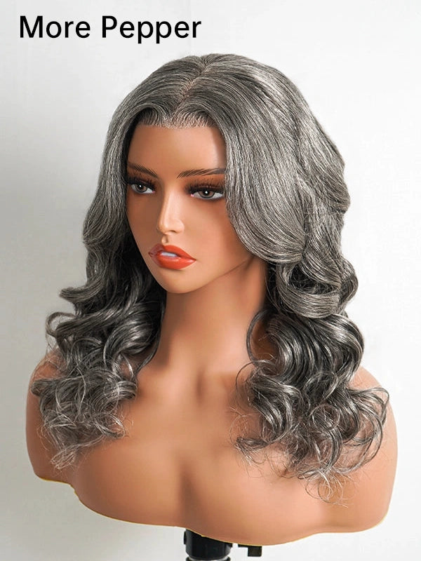 Detailed product display of Luvwin Salt & Pepper Body Wave Glueless Bob Wig, soft natural waves, realistic gray highlights, comfortable human hair wig for stylish Black women, perfect for work, weekend, or party