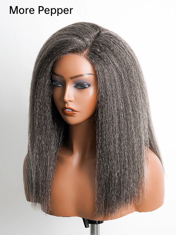 Detailed view of Luvwin 5x5 Closure Kinky Straight Wig, Salt & Pepper gray, natural 4C texture, soft realistic waves, beginner-friendly lace wig for Black women seeking stylish gray hairstyles