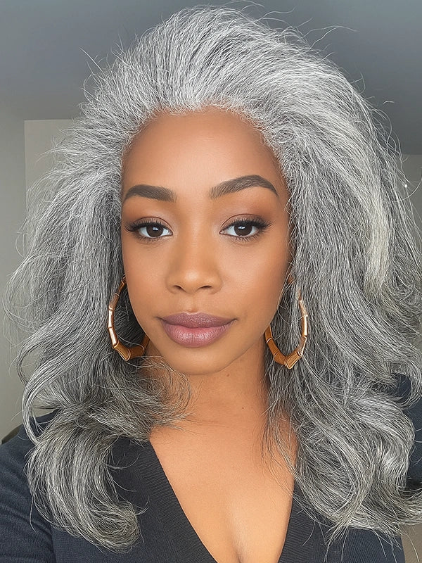 Black woman showcasing Luvwin Kinky Straight 3 In 1 Half Wig, Salt & Pepper color, soft straight texture, beginner-friendly 3/4 glueless human hair wig for mid-aged and older women, perfect for weekend activities, family gatherings, or professional occasions
