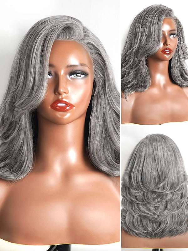Close-up view of Luvwin Salt & Pepper Gray Wave Wig, glueless lace front, natural layered waves, soft gray highlights, beginner friendly human hair wig ideal for stylish Black women