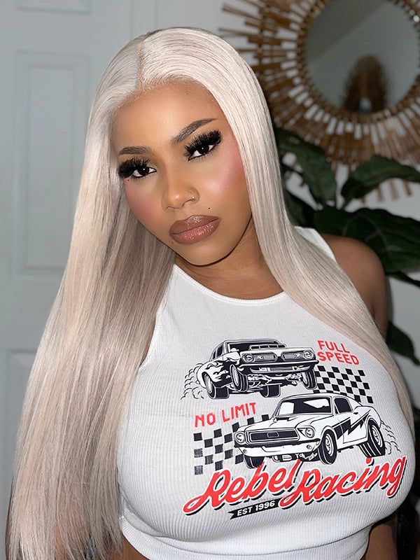 Mature African American woman wearing Luvwin 13x4 Lace Straight Platinum Blonde Wig, Salt & Pepper highlights, sleek natural straight hair, beginner-friendly human hair wig, stylish and easy-to-wear for Black women