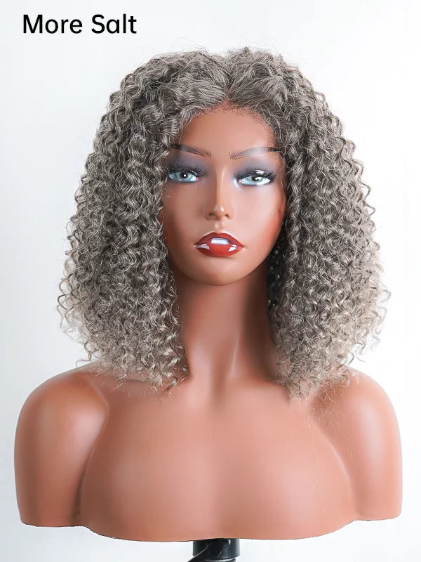 Close-up of Luvwin Deep Curly Salt & Pepper Gray Bob Wig, pre-cut 5x5 lace, glueless design, natural 100% human hair, versatile for daily wear
