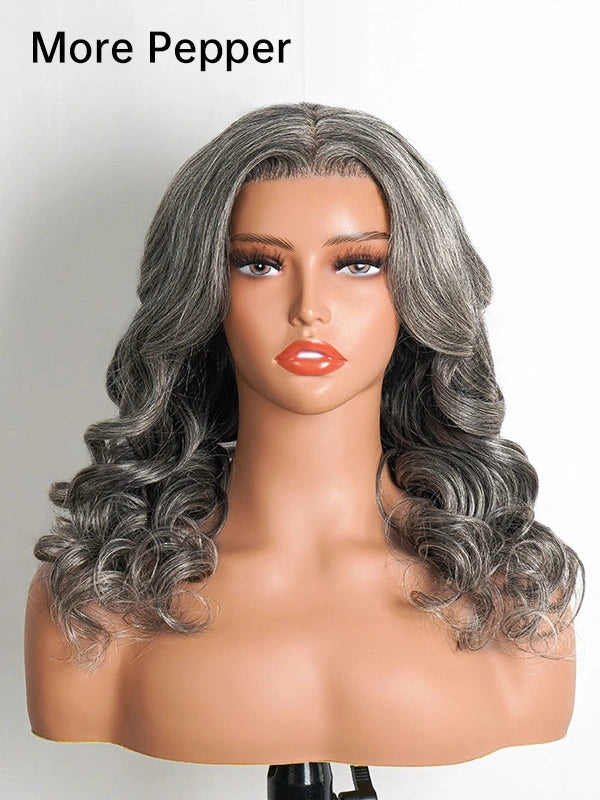 Close-up of Luvwin Salt & Pepper Body Wave Glueless Bob Wig, soft realistic waves, natural hairline, glueless lace front, 100% human hair wig, perfect for Black women looking for stylish gray bob hairstyles