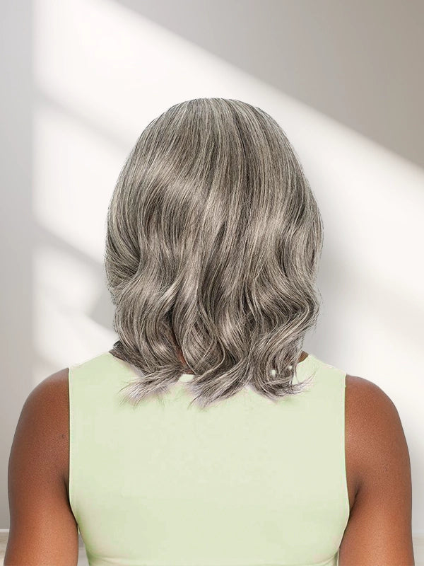 Black woman showcasing Luvwin 13x4 Salt & Pepper Casual Wave Glueless Bob Wig, soft natural casual waves, realistic gray highlights, 100% human hair, glueless pre-cut lace for comfortable fit, suitable for work, weekend, or casual outings