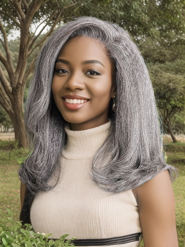 Black woman showcasing Luvwin Kinky Straight Wavy Layered 5x5 Closure Wig, soft layered waves, realistic Salt & Pepper gray highlights, glueless human hair wig for women of all ages, perfect for weekend outings, professional events, or casual social occasions