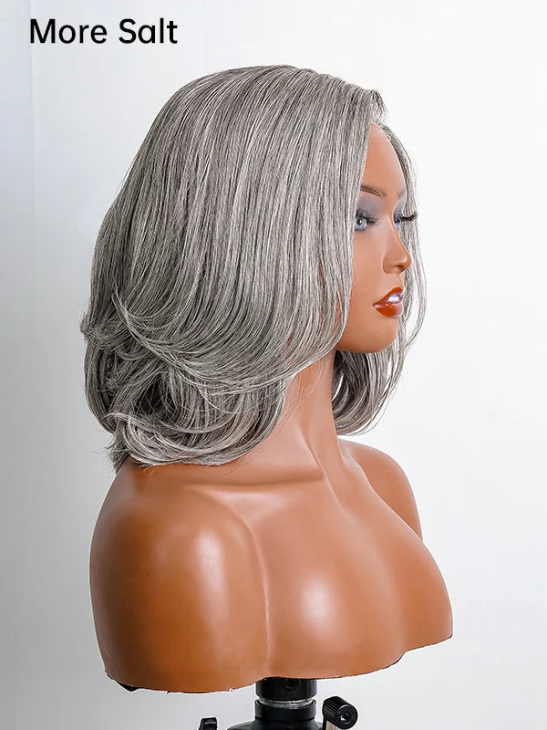 Close-up of Luvwin Salt & Pepper Layered Straight Bob Wig, glueless, pre-cut, 100% human hair, natural gray style, suitable for mature women, daily or formal events