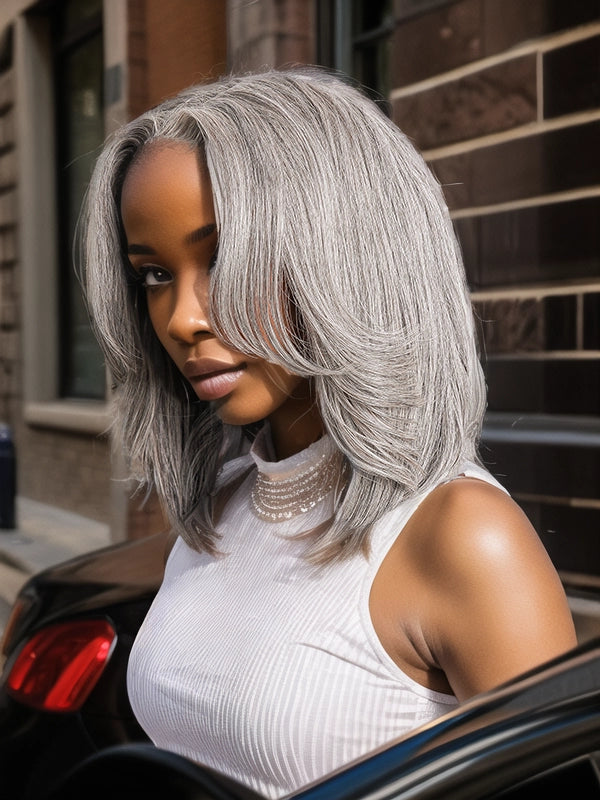 African American woman wearing Luvwin Gray Color Hair Layered Style Wig with Salt & Pepper highlights, soft natural layers, glueless 5x5 closure lace, 100% human hair, beginner-friendly, easy-to-style wig for work, weekend, or everyday casual occasions