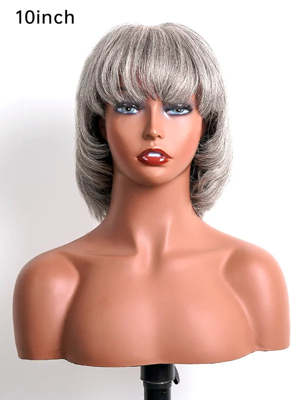 Close-up of Luvwin Salt & Pepper Layered Short Bang Wig, soft natural layers, realistic gray highlights, inner buckle, easy-to-style human hair wig for stylish Black women for work, weekend, or casual occasions