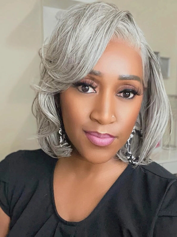 Mature woman wearing Luvwin Gray Layered Cut Straight Bob Wig, glueless, pre-cut, natural human hair, elegant, versatile for work, events, or everyday use