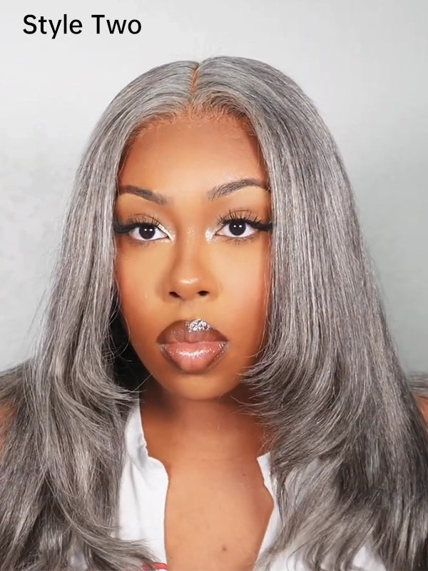 Black woman wearing Luvwin 5x5 Closure Layered Wave Kinky Straight Wig, soft natural layered waves, realistic Salt & Pepper highlights, glueless 5x5 closure, beginner-friendly and easy-to-style wig for work, weekend, or casual occasions