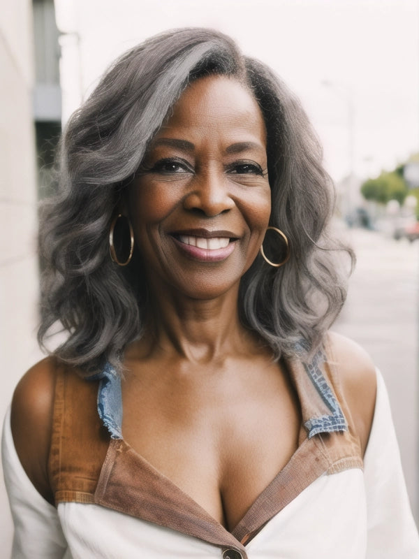 Black woman wearing Luvwin 5x5 Closure Salt & Pepper Loose Wave Glueless Bob Wig, soft natural waves, realistic gray highlights, 100% human hair, beginner-friendly and easy-to-style wig for work, weekend, or casual occasions