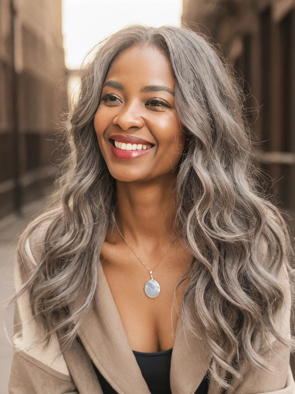 Black woman showcasing Luvwin Salt & Pepper Loose Wave Wig, soft natural waves, realistic gray highlights, glueless 5x5 closure, comfortable human hair wig suitable for work, weekend, or casual outings
