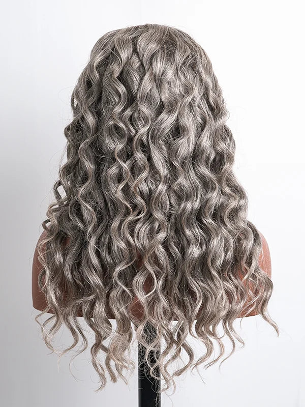 Full product shot of Luvwin Salt & Pepper Loose Wave 5x5 Closure Glueless Wig, soft natural waves, realistic gray highlights, 100% human hair wig, beginner-friendly, suitable for work, weekend, or casual occasions for Black women