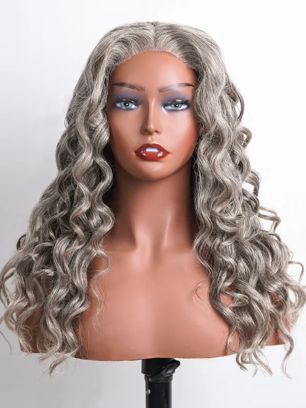 Product display of Luvwin Salt & Pepper Loose Wave 5x5 Closure Glueless Wig, soft natural waves, realistic gray highlights, 100% human hair, beginner-friendly wig for Black women, easy-to-style for everyday, work, or weekend
