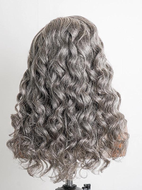 Luvwin Salt & Pepper Loose Wavy Kinky Hair Wig, gray color, soft natural waves, glueless 5x5 closure lace, realistic gray highlights, beginner-friendly human hair wig for stylish Black women
