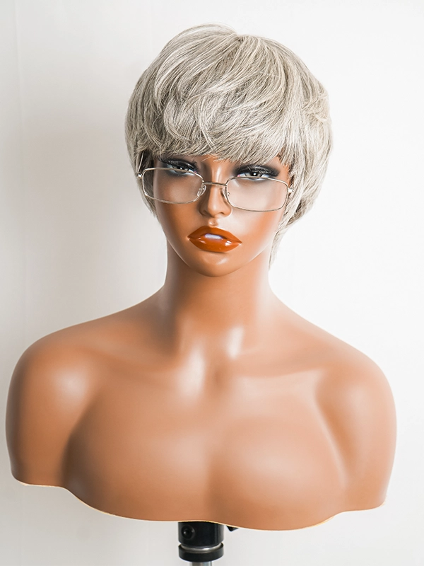 Close-up of Luvwin Salt & Pepper Pixie Cut Full Machine Wig with Bangs, soft natural pixie cut, realistic gray highlights, easy-to-style 100% human hair wig for stylish Black women for work, weekend, or casual occasions