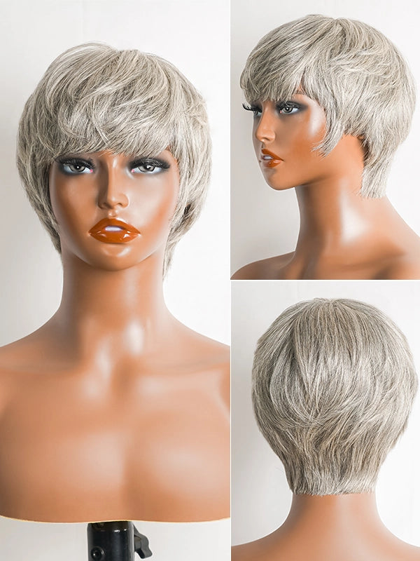 Full product shot of Luvwin Salt & Pepper Pixie Cut Style Full Machine Wig with Bangs, soft natural pixie cut, realistic gray highlights, 100% human hair, beginner-friendly and easy-to-style wig suitable for everyday, work, or weekend for Black women