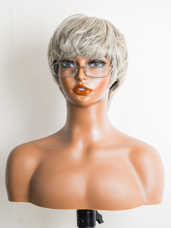 Product display of Luvwin Salt & Pepper Pixie Cut Style Full Machine Wig with Bangs, soft natural pixie cut, realistic gray highlights, 100% human hair, beginner-friendly wig suitable for Black women for work, weekend, or casual outings