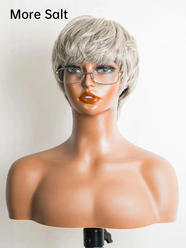 Product display of Luvwin Salt & Pepper Pixie Cut Style Full Machine Wig with Bangs, soft natural pixie cut, realistic gray highlights, 100% human hair, beginner-friendly wig suitable for Black women for work, weekend, or casual outings