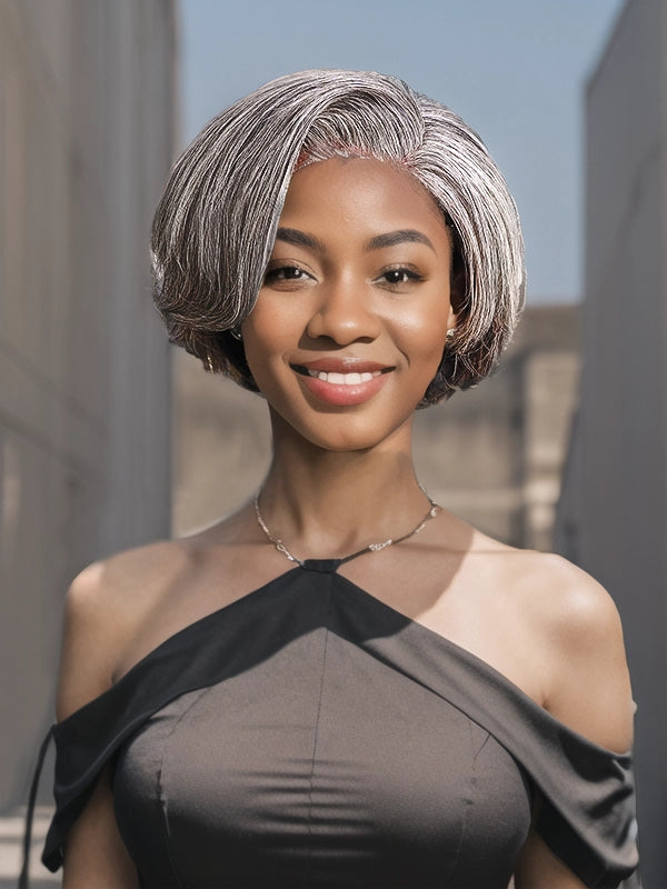 Black woman showcasing Luvwin Salt & Pepper Pixie Cut Side Part Glueless Wig, soft natural pixie style, realistic gray highlights, glueless 5x5 closure, comfortable human hair wig suitable for work, weekend, or casual outings
