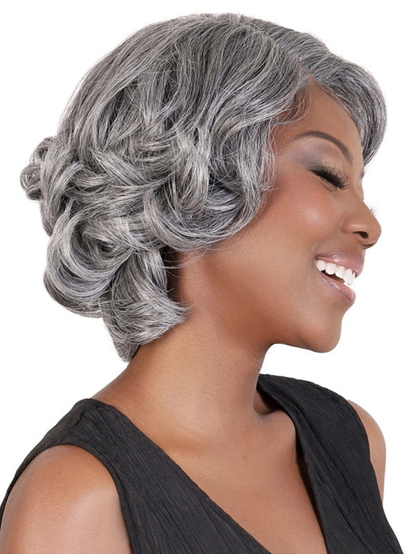 Mature African American woman wearing Luvwin 5x5 Glueless Gray Retro Wave Wig, soft natural waves, realistic Salt & Pepper highlights, pre-cut lace, beginner-friendly human hair wig, stylish for work, weekend, or casual occasions
