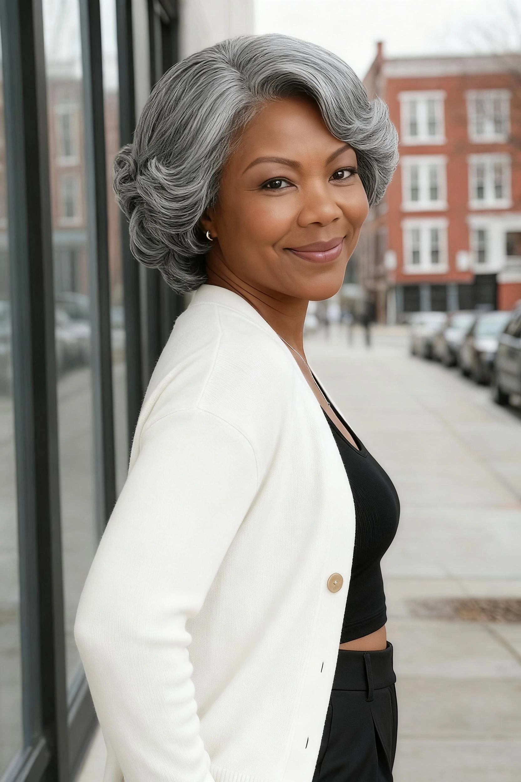 Mature African American woman wearing Luvwin 5x5 Glueless Gray Retro Wave Wig, soft natural waves, realistic Salt & Pepper highlights, pre-cut lace, beginner-friendly human hair wig, stylish for work, weekend, or casual occasions