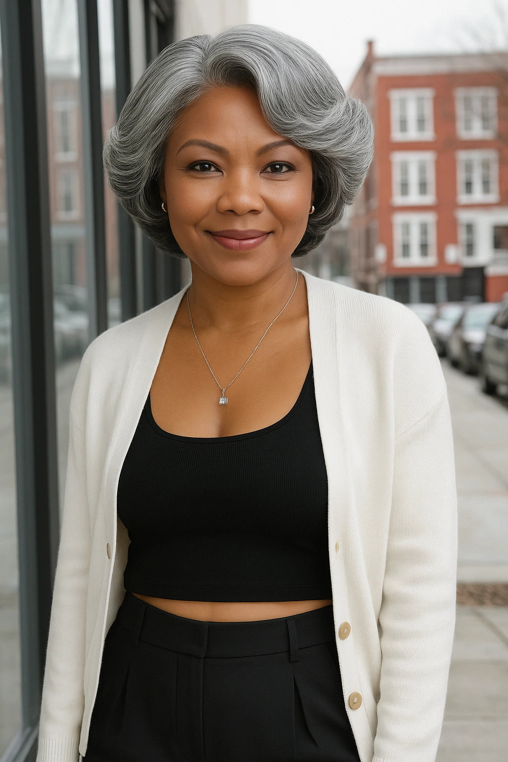 African American woman wearing Luvwin 5x5 Salt & Pepper Glueless Gray Retro Elegant Wave Wig, soft natural waves, realistic gray highlights, pre-cut lace, 100% human hair, beginner-friendly and easy-to-style for work, weekend, or casual occasions