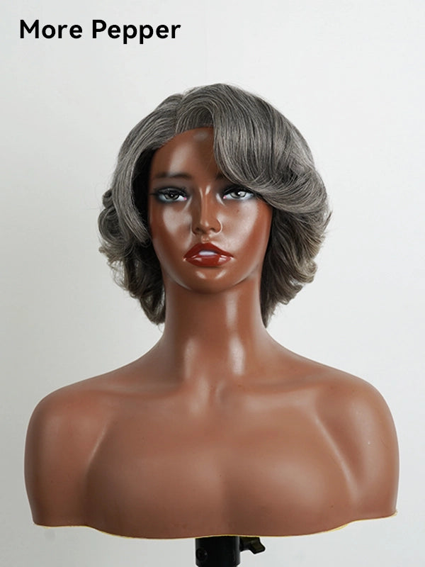 Full product shot of Luvwin 5x5 Glueless Gray Color Retro Elegant Wave Wig, soft natural waves, realistic Salt & Pepper highlights, pre-cut 5x5 lace, beginner-friendly human hair wig suitable for work, weekend, or casual occasions for Black women