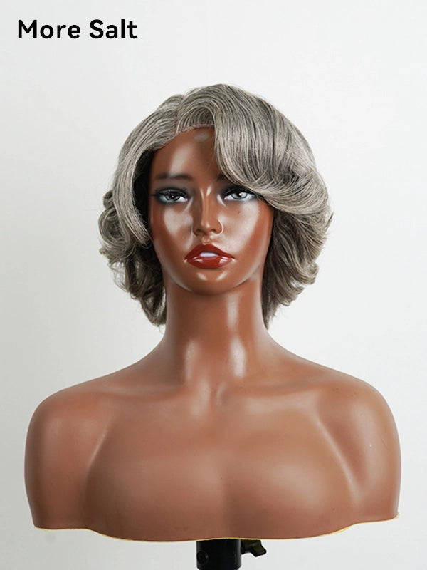 Product display of Luvwin 5x5 Salt & Pepper Glueless Gray Retro Elegant Wave Wig, soft natural waves, pre-cut lace, realistic gray highlights, beginner-friendly 100% human hair wig for Black women