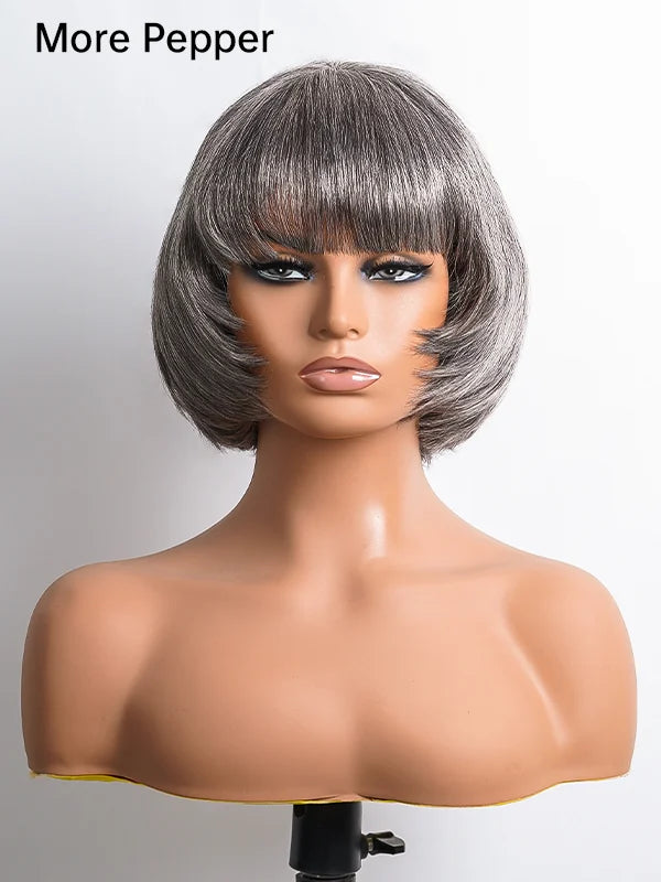 Full product shot of Luvwin Salt & Pepper Layered Cut Short Bang Wig with Inner Buckle, soft natural layers, realistic gray highlights, beginner-friendly 100% human hair wig suitable for work, weekend, or casual occasions for Black women