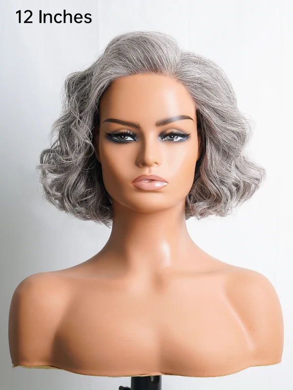 Product display of Luvwin 5x5 Salt & Pepper Gray Short Layered Loose Wave Wig, soft natural waves, glueless pre-cut lace, realistic gray highlights, beginner-friendly 100% human hair wig for Black women