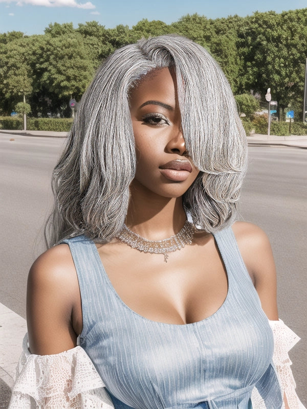 Black woman showcasing Luvwin Short Layered Side Parted Salt & Pepper Wig with Bang, soft natural layers, realistic gray highlights, 5x5 closure, comfortable human hair wig suitable for work, weekend, or casual outings