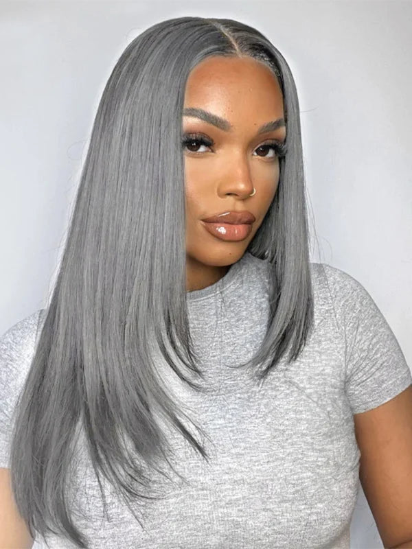 Black woman wearing Luvwin Salt & Pepper Gray Straight Layered Cut Wig, soft natural layers, realistic gray highlights, glueless lace front, beginner-friendly 100% human hair wig for stylish Black women