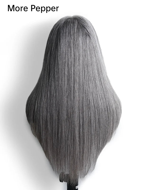 Full product shot of Luvwin Salt & Pepper Gray Straight Layered Cut Wig, soft natural layers, realistic gray highlights, glueless 5x5 closure, easy-to-style 100% human hair wig for Black women, suitable for everyday, work, or weekend