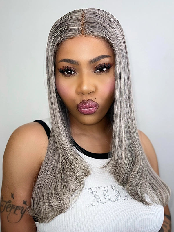 African American woman wearing Luvwin Salt & Pepper Gray Straight Layered Cut Glueless Wig, soft natural layers, 100% human hair, beginner-friendly, realistic gray highlights, easy-to-style wig for everyday wear and casual occasions
