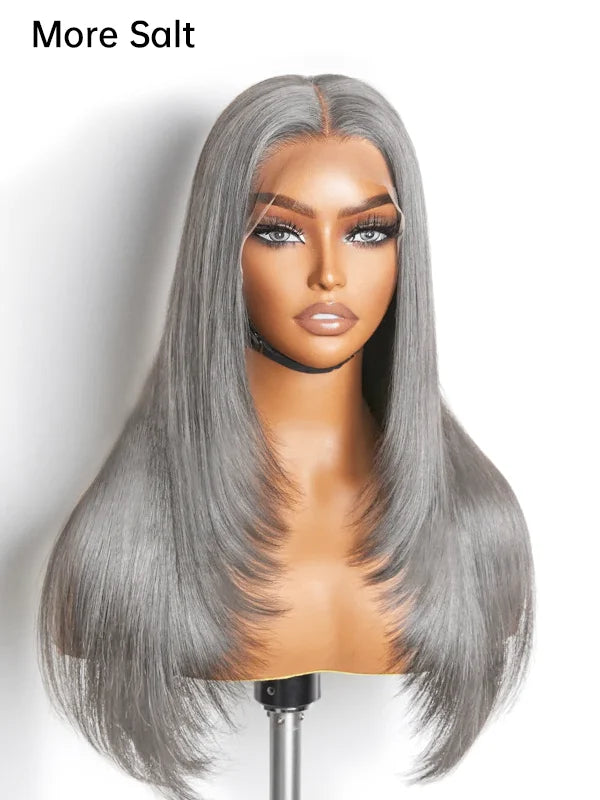 Product display of Luvwin Salt & Pepper Gray Straight Layered Cut Glueless Wig, soft natural layers, realistic gray highlights, 100% human hair, beginner-friendly and easy-to-style wig for Black women
