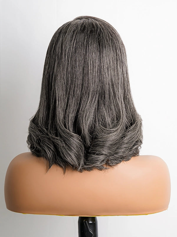 Luvwin Dark Gray Salt & Pepper Custom Wavy Hair 5x5 Pre-cut Lace Bob Wig, soft natural waves, realistic gray highlights, glueless human hair wig suitable for seniors and mature women, great for casual outings, social events, or family gatherings