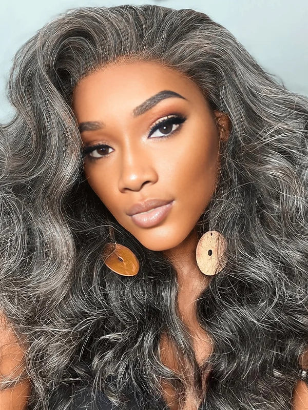 African American woman wearing Luvwin 13x4 Salt & Pepper Wavy Glueless Gray Pre-Cut Lace Wig, soft natural waves, realistic gray highlights, 100% human hair, beginner-friendly wig for everyday, work, or casual occasions
