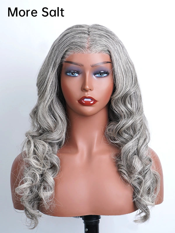 Product display of Luvwin 13x4 Salt & Pepper Wavy Glueless Gray Color Pre-Cut Lace Wig, soft natural waves, realistic gray highlights, beginner-friendly 100% human hair wig for Black women