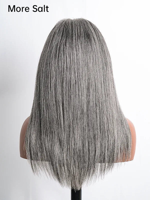 Close-up of Gray Straight Wig, 100% human hair, glueless, beginner-friendly, natural texture, perfect for daily wear and any occasion
