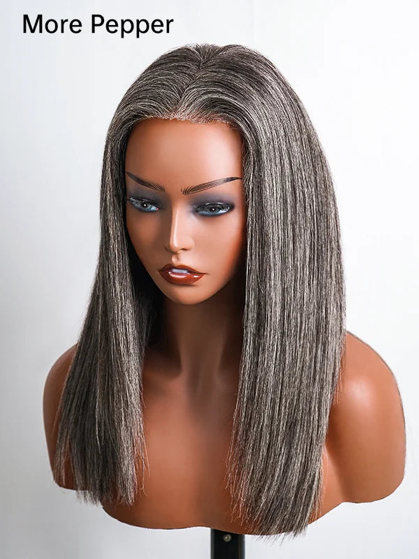 Salt & Pepper Gray Glueless Wig, realistic human hair, natural straight style, easy to wear, perfect for daily and any occasion