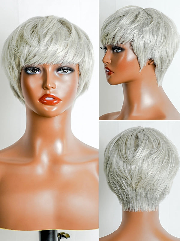 Luvwin 95% Salt Transparent Green Pixie Cut Style Full Machine Wig with Bangs, sleek short hairstyle, soft natural texture, 100% human hair, glueless wig suitable for mature women and all age groups, great for weekend outings, casual events, or professional settings
