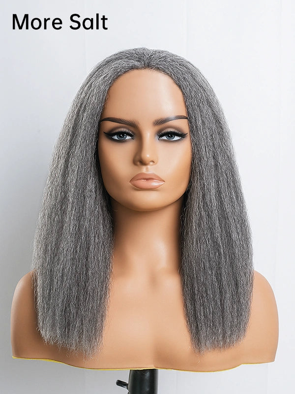 Luvwin Salt & Pepper Kinky Straight 3 In 1 Half Wig, soft natural straight texture, glueless 3/4 human hair wig, beginner-friendly, suitable for mature women and all age groups, ideal for weekend outings, social gatherings, or professional events
