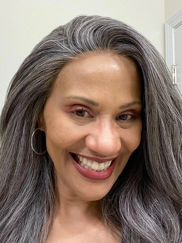 Black woman showcasing Luvwin Kinky Straight Salt & Pepper Glueless Wig with 5x5 closure, natural free parting, soft realistic texture, 100% human hair, easy-to-style gray wig for everyday wear

