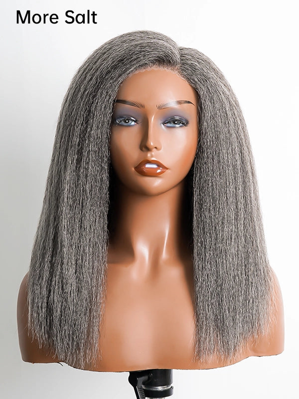 Close-up view of Luvwin Kinky Straight Glueless Wig in Salt & Pepper gray, 5x5 closure, soft natural texture, realistic gray highlights, easy-to-style human hair wig for Black women
