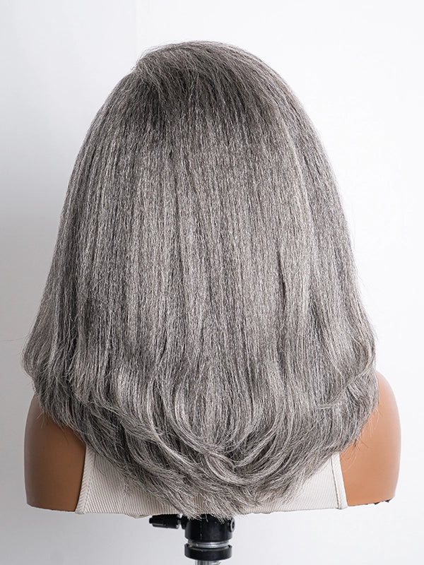 Luvwin 5x5 Closure Kinky Straight Wavy Layered Style Wig, Salt & Pepper gray hair, soft natural waves, beginner-friendly human hair wig suitable for mature women, mid-aged and older, ideal for parties, weekend activities, or work events