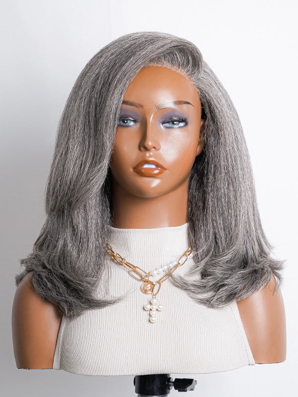 Luvwin Kinky Straight Wavy Layered Style Wig with Salt & Pepper Gray highlights, soft natural waves, 5x5 closure, 100% human hair, beginner-friendly wig suitable for mature women, all age groups, ideal for brunch, office, or weekend gatherings