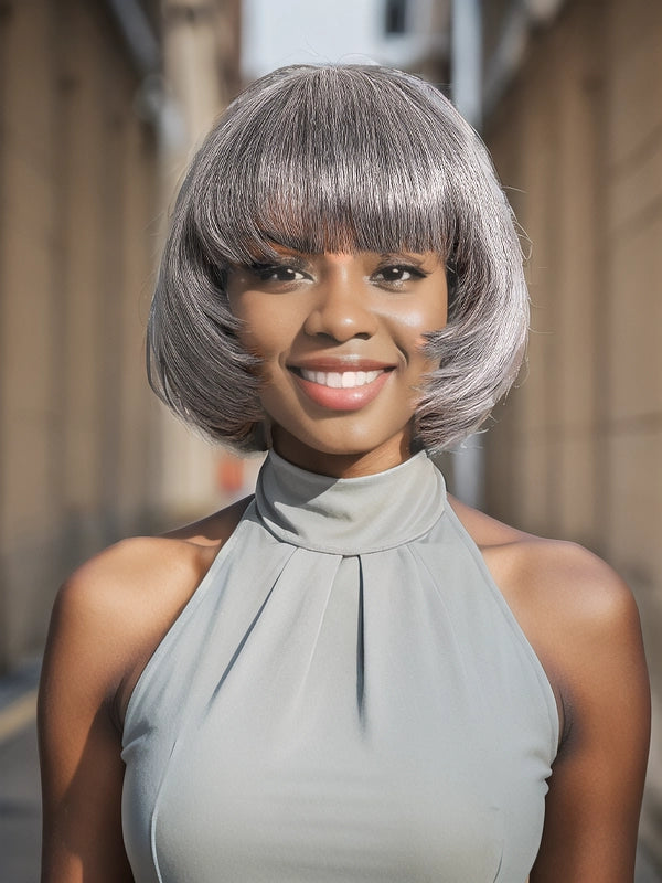 African American woman modeling Luvwin Salt & Pepper Short Bang Wig, soft natural layers, realistic gray highlights, inner buckle, 100% human hair, beginner-friendly wig suitable for everyday, work, or weekend